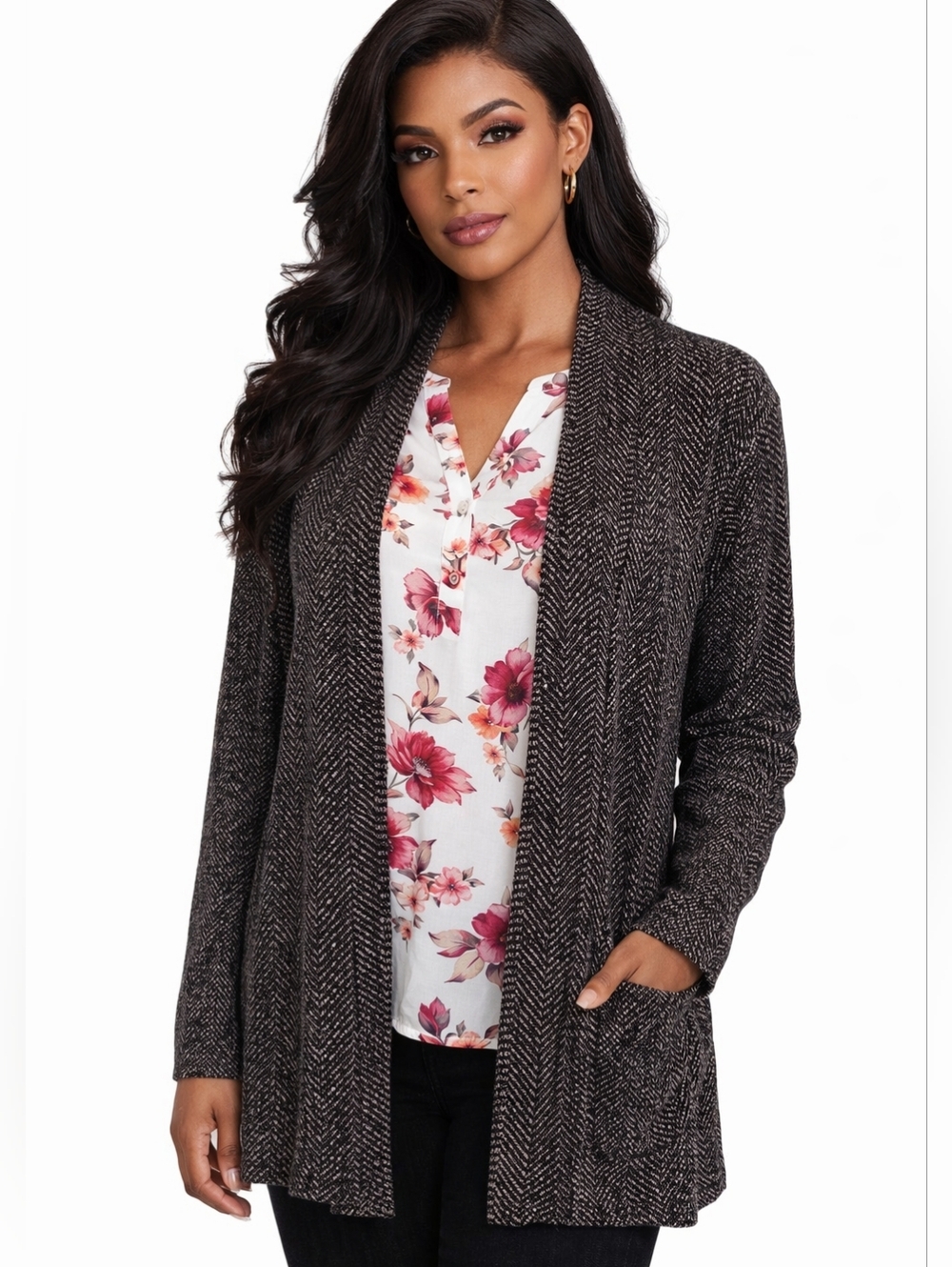 Women's GRACE Black Beige Herringbone Blazer Jacket XL